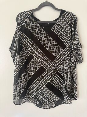 TanJay Geometric Patchwork Print Short Sleeve Blouse Black White Gold Size L